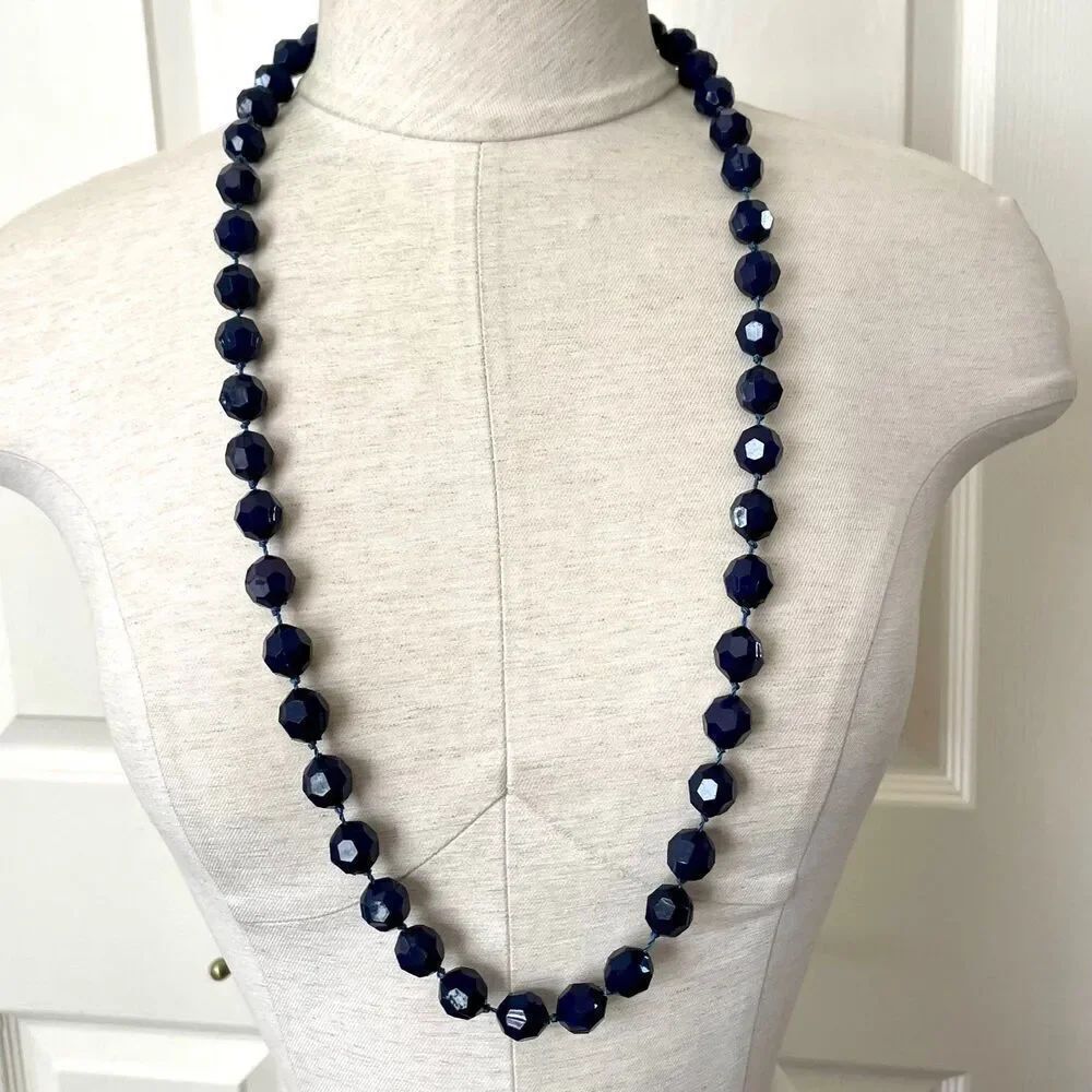 Long blue beaded necklace